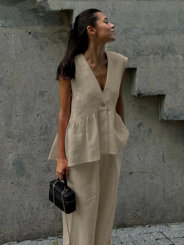 2025 Cross-Border V-Neck fără mâneci vestă pantaloni costum femei europene și americane nouă culoare pură elegantă îmbrăcăminte de lucru set din două piese