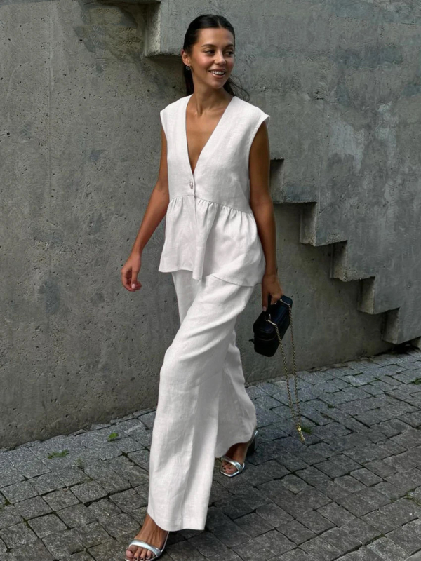 2025 Cross-Border V-Neck fără mâneci vestă pantaloni costum femei europene și americane nouă culoare pură elegantă îmbrăcăminte de lucru set din două piese