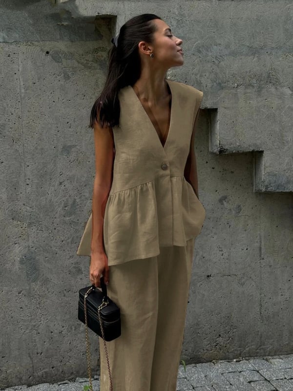 2025 Cross-Border V-Neck fără mâneci vestă pantaloni costum femei europene și americane nouă culoare pură elegantă îmbrăcăminte de lucru set din două piese