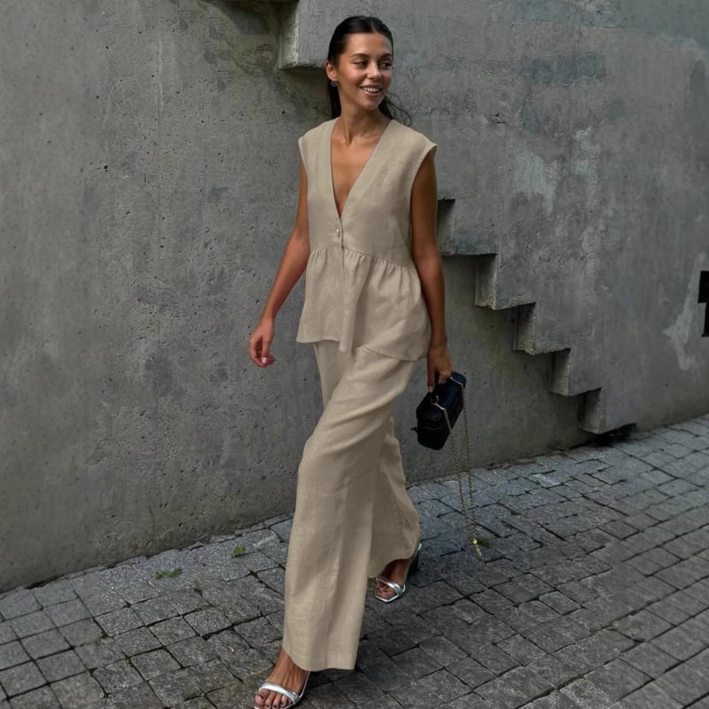 2025 Cross-Border V-Neck fără mâneci vestă pantaloni costum femei europene și americane nouă culoare pură elegantă îmbrăcăminte de lucru set din două piese