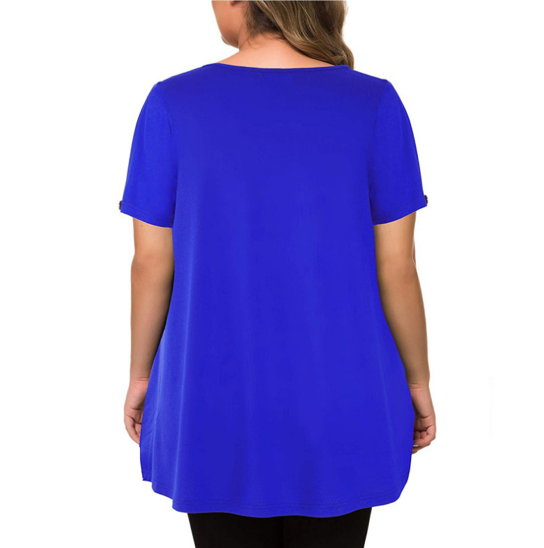 Határokon átnyúló 2025-ös export plus size női ruházat Wish Amazon európai és amerikai kerek nyakú, tiszta színű, rakott, rövid ujjú, hétköznapi póló