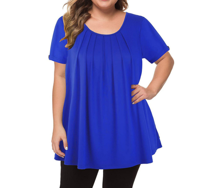 Határokon átnyúló 2025-ös export plus size női ruházat Wish Amazon európai és amerikai kerek nyakú, tiszta színű, rakott, rövid ujjú, hétköznapi póló