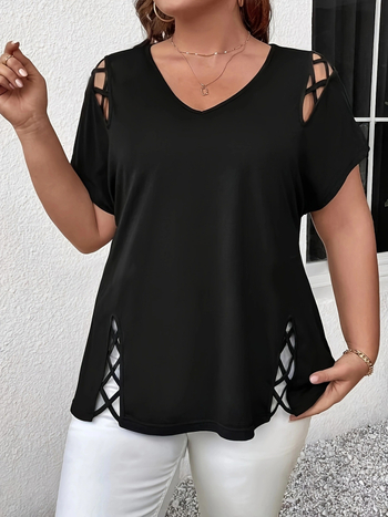 Plus Size 2025 New Amazon European and American Cross-Border Femeii de vară europene și americane Sexy V Neck Cross-String cu mânecă scurtă T-shirt