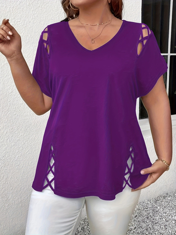 Plus Size 2025 New Amazon European and American Cross-Border Femeii de vară europene și americane Sexy V Neck Cross-String cu mânecă scurtă T-shirt