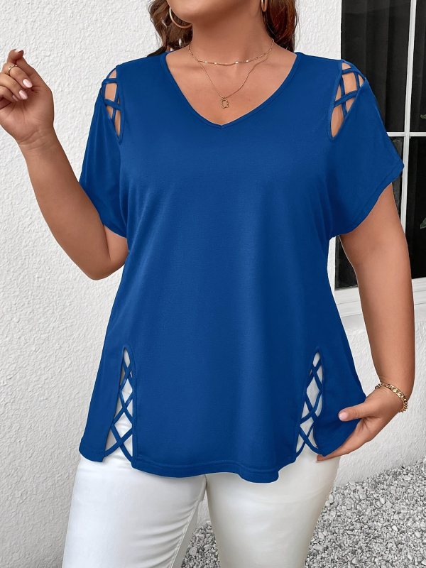 Plus Size 2025 New Amazon European and American Cross-Border Femeii de vară europene și americane Sexy V Neck Cross-String cu mânecă scurtă T-shirt