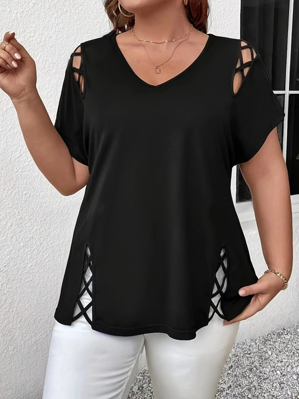 Plus Size 2025 New Amazon European and American Cross-Border Femeii de vară europene și americane Sexy V Neck Cross-String cu mânecă scurtă T-shirt