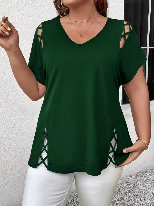 Plus Size 2025 New Amazon European and American Cross-Border Femeii de vară europene și americane Sexy V Neck Cross-String cu mânecă scurtă T-shirt