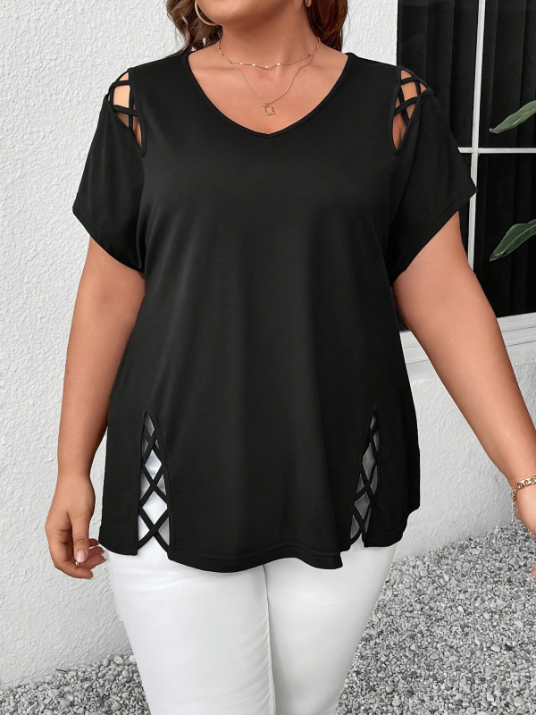 Plus Size 2025 New Amazon European and American Cross-Border Femeii de vară europene și americane Sexy V Neck Cross-String cu mânecă scurtă T-shirt