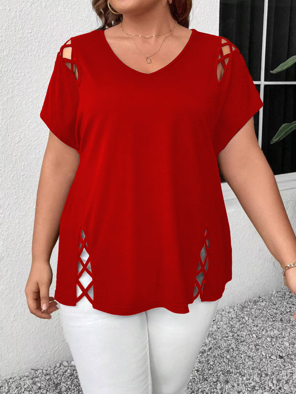 Plus Size 2025 New Amazon European and American Cross-Border Femeii de vară europene și americane Sexy V Neck Cross-String cu mânecă scurtă T-shirt