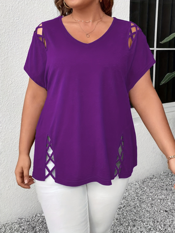 Plus Size 2025 New Amazon European and American Cross-Border Femeii de vară europene și americane Sexy V Neck Cross-String cu mânecă scurtă T-shirt