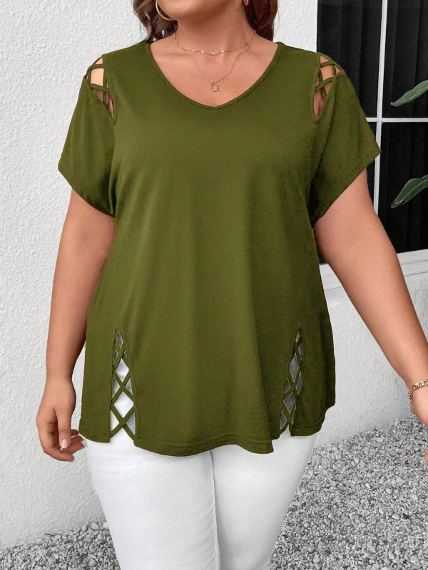 Plus Size 2025 New Amazon European and American Cross-Border Femeii de vară europene și americane Sexy V Neck Cross-String cu mânecă scurtă T-shirt