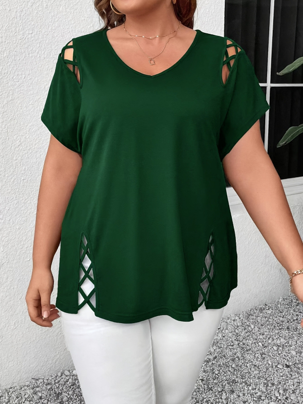 Plus Size 2025 New Amazon European and American Cross-Border Femeii de vară europene și americane Sexy V Neck Cross-String cu mânecă scurtă T-shirt