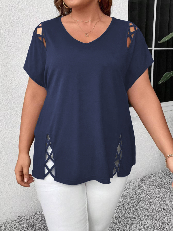 Plus Size 2025 New Amazon European and American Cross-Border Femeii de vară europene și americane Sexy V Neck Cross-String cu mânecă scurtă T-shirt