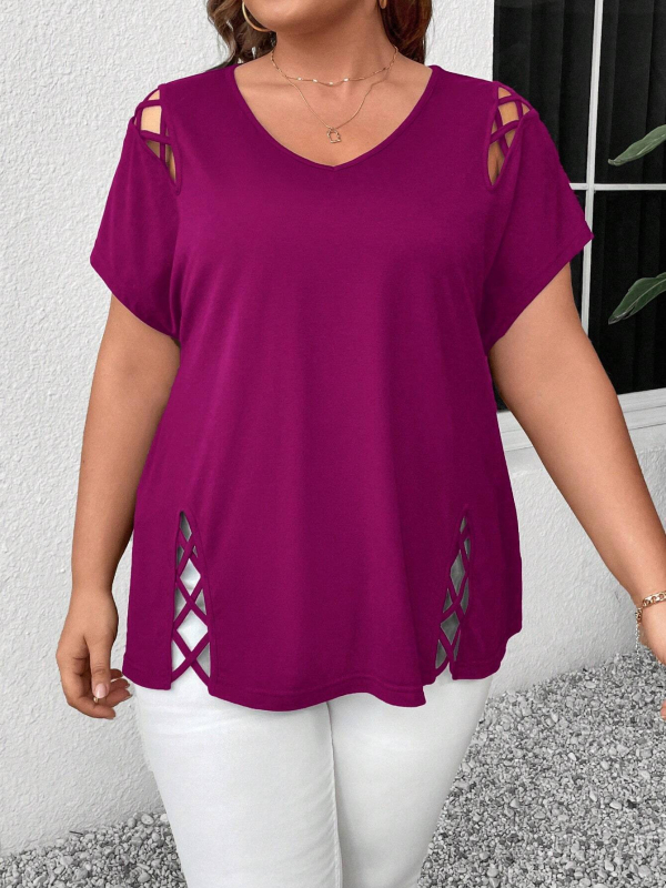 Plus Size 2025 New Amazon European and American Cross-Border Femeii de vară europene și americane Sexy V Neck Cross-String cu mânecă scurtă T-shirt
