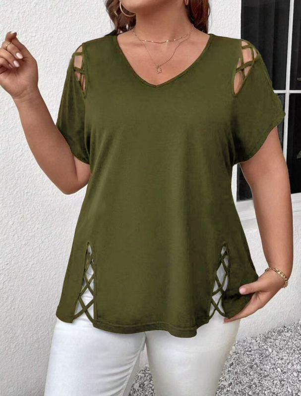 Plus Size 2025 New Amazon European and American Cross-Border Femeii de vară europene și americane Sexy V Neck Cross-String cu mânecă scurtă T-shirt