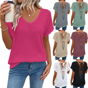 Tricou de damă cu mânecă scurtă, stil european și american transfrontalier, cu dantelă în spate, cu decolteu în V, la modă, casual, confortabil, din material textil, 2025
