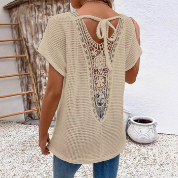Tricou de damă cu mânecă scurtă, stil european și american transfrontalier, cu dantelă în spate, cu decolteu în V, la modă, casual, confortabil, din material textil, 2025