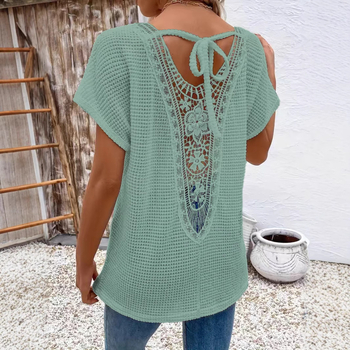 Tricou de damă cu mânecă scurtă, stil european și american transfrontalier, cu dantelă în spate, cu decolteu în V, la modă, casual, confortabil, din material textil, 2025