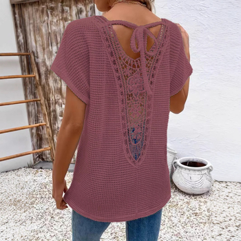 Tricou de damă cu mânecă scurtă, stil european și american transfrontalier, cu dantelă în spate, cu decolteu în V, la modă, casual, confortabil, din material textil, 2025