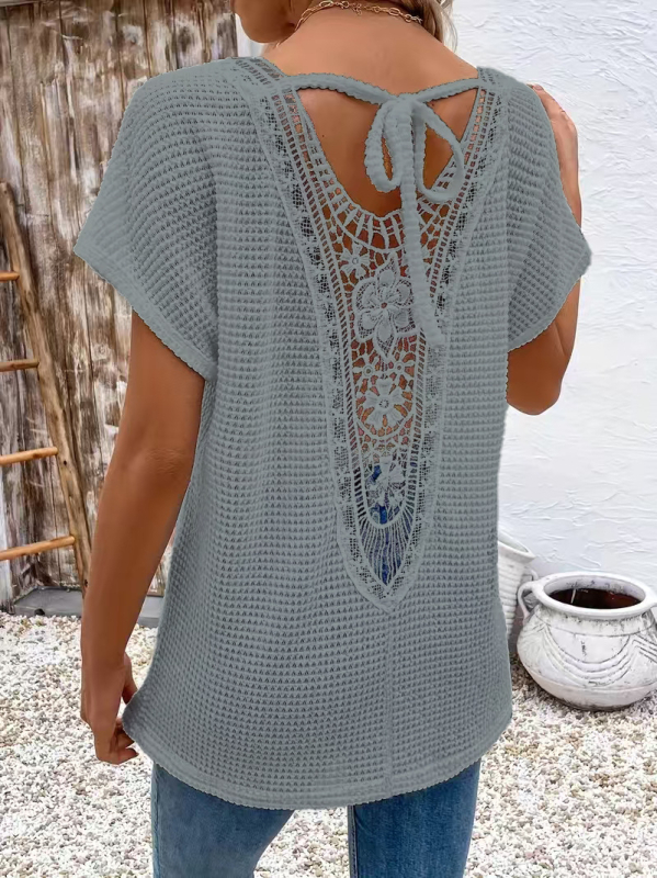 Tricou de damă cu mânecă scurtă, stil european și american transfrontalier, cu dantelă în spate, cu decolteu în V, la modă, casual, confortabil, din material textil, 2025