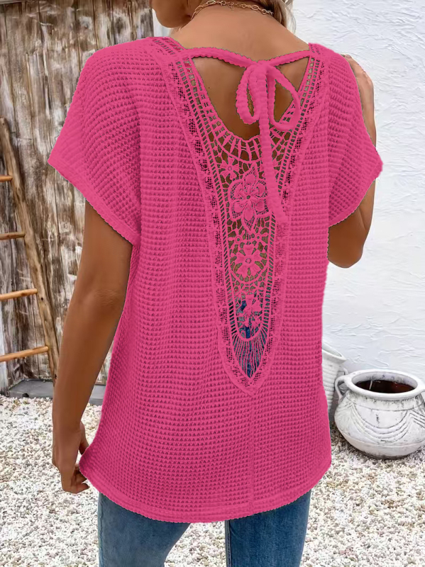 Tricou de damă cu mânecă scurtă, stil european și american transfrontalier, cu dantelă în spate, cu decolteu în V, la modă, casual, confortabil, din material textil, 2025