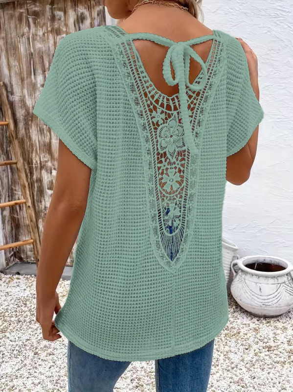 Tricou de damă cu mânecă scurtă, stil european și american transfrontalier, cu dantelă în spate, cu decolteu în V, la modă, casual, confortabil, din material textil, 2025