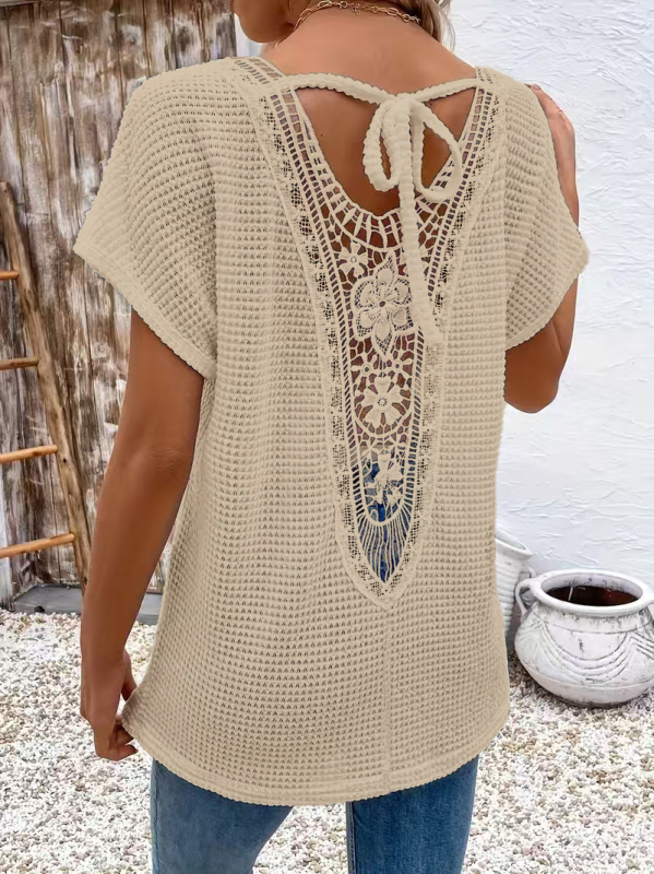 Tricou de damă cu mânecă scurtă, stil european și american transfrontalier, cu dantelă în spate, cu decolteu în V, la modă, casual, confortabil, din material textil, 2025