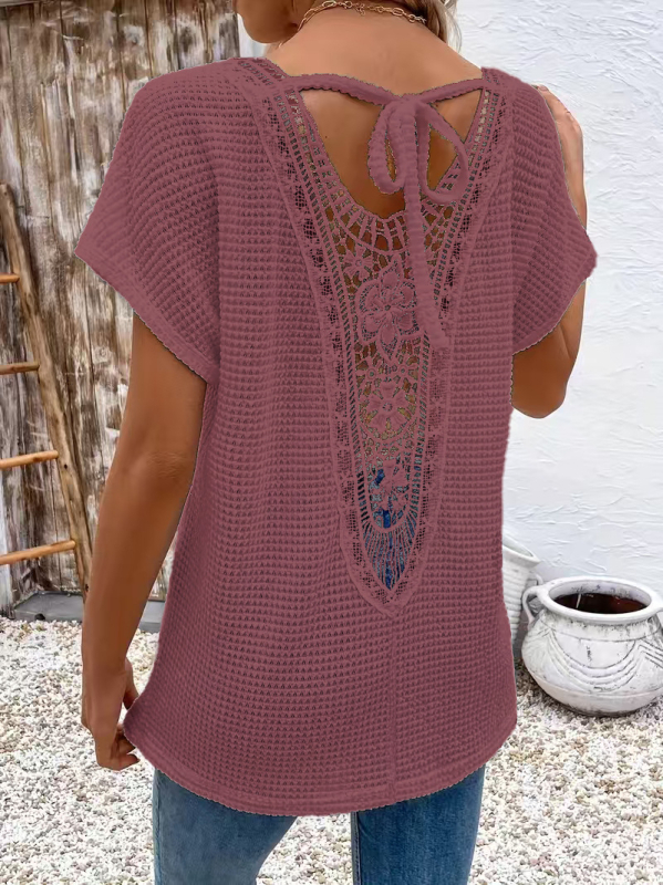 Tricou de damă cu mânecă scurtă, stil european și american transfrontalier, cu dantelă în spate, cu decolteu în V, la modă, casual, confortabil, din material textil, 2025