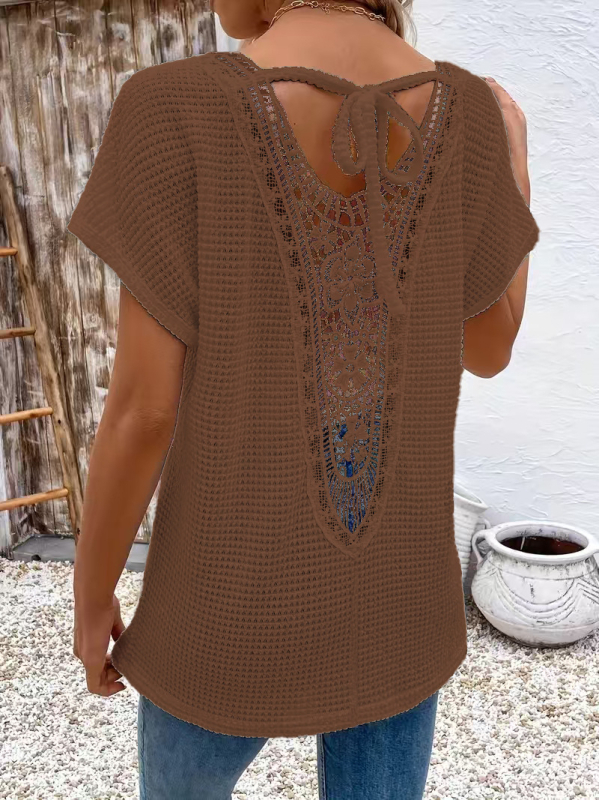 Tricou de damă cu mânecă scurtă, stil european și american transfrontalier, cu dantelă în spate, cu decolteu în V, la modă, casual, confortabil, din material textil, 2025