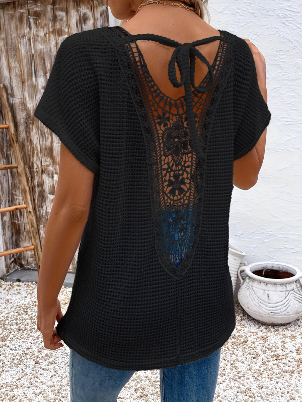 Tricou de damă cu mânecă scurtă, stil european și american transfrontalier, cu dantelă în spate, cu decolteu în V, la modă, casual, confortabil, din material textil, 2025