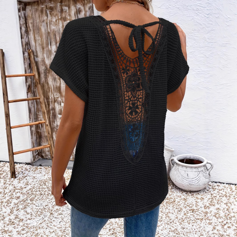 Tricou de damă cu mânecă scurtă, stil european și american transfrontalier, cu dantelă în spate, cu decolteu în V, la modă, casual, confortabil, din material textil, 2025