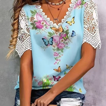 Νέα Γυναικεία Ρούχα Άνοιξης και Καλοκαιριού 2025 Amazon, Ευρωπαϊκά και Αμερικανικά, Διασυνοριακά Δαντελένια Μπλούζες με Στάμπα και Κοντά Μανίκια για Γυναίκες