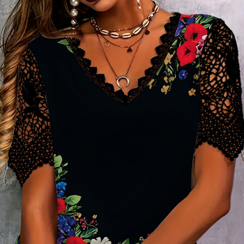 Νέα Γυναικεία Ρούχα Άνοιξης και Καλοκαιριού 2025 Amazon, Ευρωπαϊκά και Αμερικανικά, Διασυνοριακά Δαντελένια Μπλούζες με Στάμπα και Κοντά Μανίκια για Γυναίκες