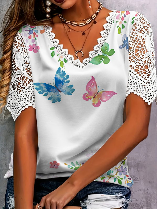 2025 tavaszi és nyári új női ruházat Amazon európai és amerikai határokon átnyúló csipkeillesztéses divatos nyomtatott rövid ujjú póló felsők nőknek