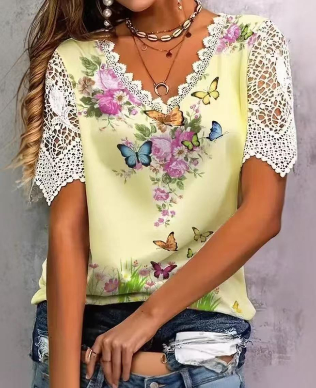 2025 tavaszi és nyári új női ruházat Amazon európai és amerikai határokon átnyúló csipkeillesztéses divatos nyomtatott rövid ujjú póló felsők nőknek