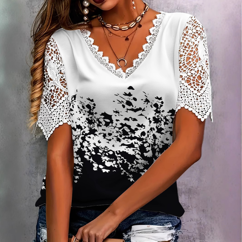 2025 tavaszi és nyári új női ruházat Amazon európai és amerikai határokon átnyúló csipkeillesztéses divatos nyomtatott rövid ujjú póló felsők nőknek