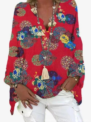 На склад 2024 Европейски и американски дамски топове Нови щамповани ризи с V-образно деколте за жени Независима станция Amazon Aliexpress