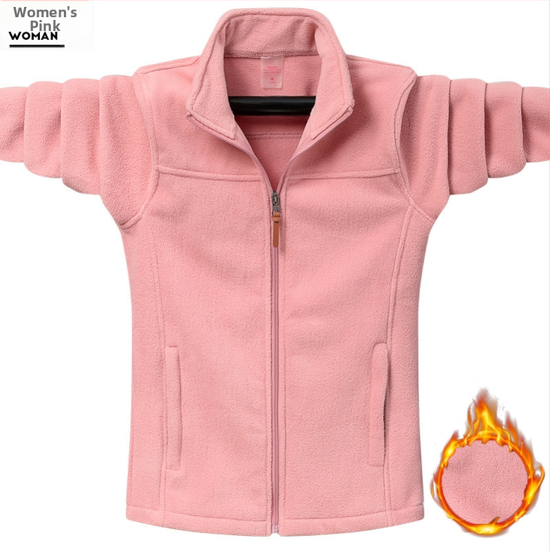 Trükitud logoga mustriga grupirõivaste üritus meeste ja naiste sügis- ja talvine korallvärvi sametfliisist paksendatud polaarfliisist jope lahtine