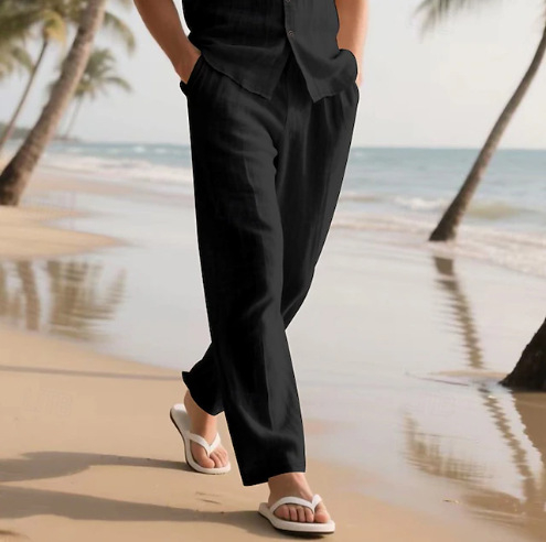 2025 Férfi Hosszú Nadrág Nyári Strandnadrág Húzózsinóros Rugalmas Derék Egyenes Egyszínű Kényelmes Napi Divat Utcai Viselet