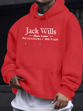 Džeka Vilisa vīriešu ikdienas sporta krekls ar apdruku — spilgti sarkans džemperis ar ķengura kabatu un