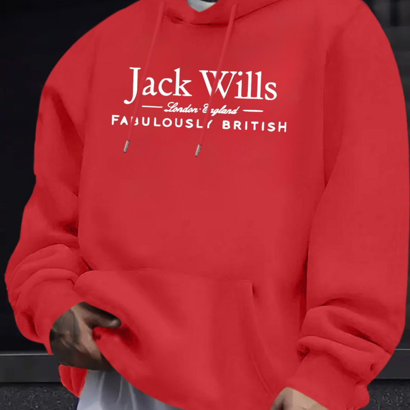 Džeka Vilisa vīriešu ikdienas sporta krekls ar apdruku — spilgti sarkans džemperis ar ķengura kabatu un