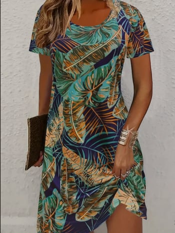 2025 Új európai és amerikai, határokon átnyúló, Amazonasból származó, forró női nyomtatott, alkalmi, rövid ujjú, kerek nyakú, nagyméretű ruha, női ruházat