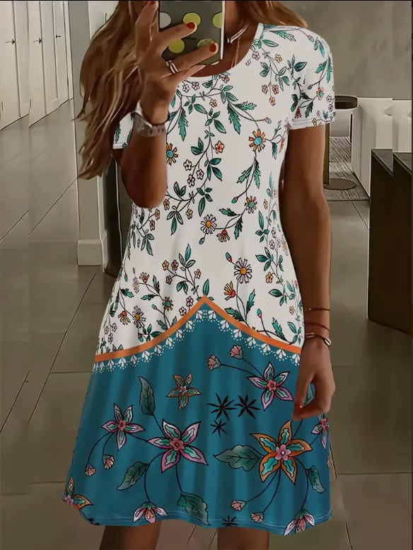 2025 Új európai és amerikai, határokon átnyúló, Amazonasból származó, forró női nyomtatott, alkalmi, rövid ujjú, kerek nyakú, nagyméretű ruha, női ruházat