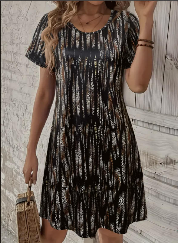 2025 Új európai és amerikai, határokon átnyúló, Amazonasból származó, forró női nyomtatott, alkalmi, rövid ujjú, kerek nyakú, nagyméretű ruha, női ruházat