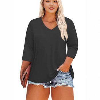 2025 Διασυνοριακό Amazon Νέο Γυναικείο Μεγάλο Μέγεθος Fat Model με V-Neck και μανίκια 7 τετάρτων σε Pure Color