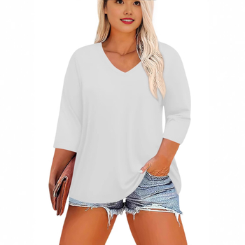 2025 Διασυνοριακό Amazon Νέο Γυναικείο Μεγάλο Μέγεθος Fat Model με V-Neck και μανίκια 7 τετάρτων σε Pure Color