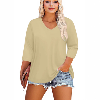 2025 Διασυνοριακό Amazon Νέο Γυναικείο Μεγάλο Μέγεθος Fat Model με V-Neck και μανίκια 7 τετάρτων σε Pure Color