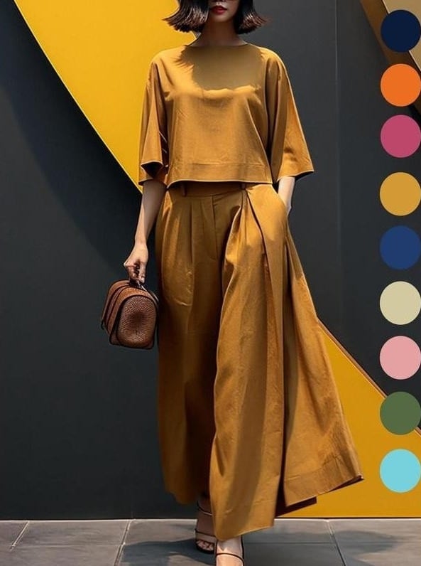 Costum de damă în stil coreean, stil european și american transfrontalier, 2025, la modă, cu mânecă medie, top, elegant, cu picior larg