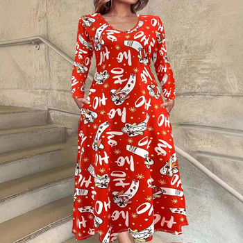 Haljina s okruglim izrezom i dugim rukavima, crvenim, šarenim biljnim ružama, digitalnim tiskom WD26