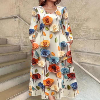 Haljina s okruglim izrezom i dugim rukavima, crvenim, šarenim biljnim ružama, digitalnim tiskom WD26